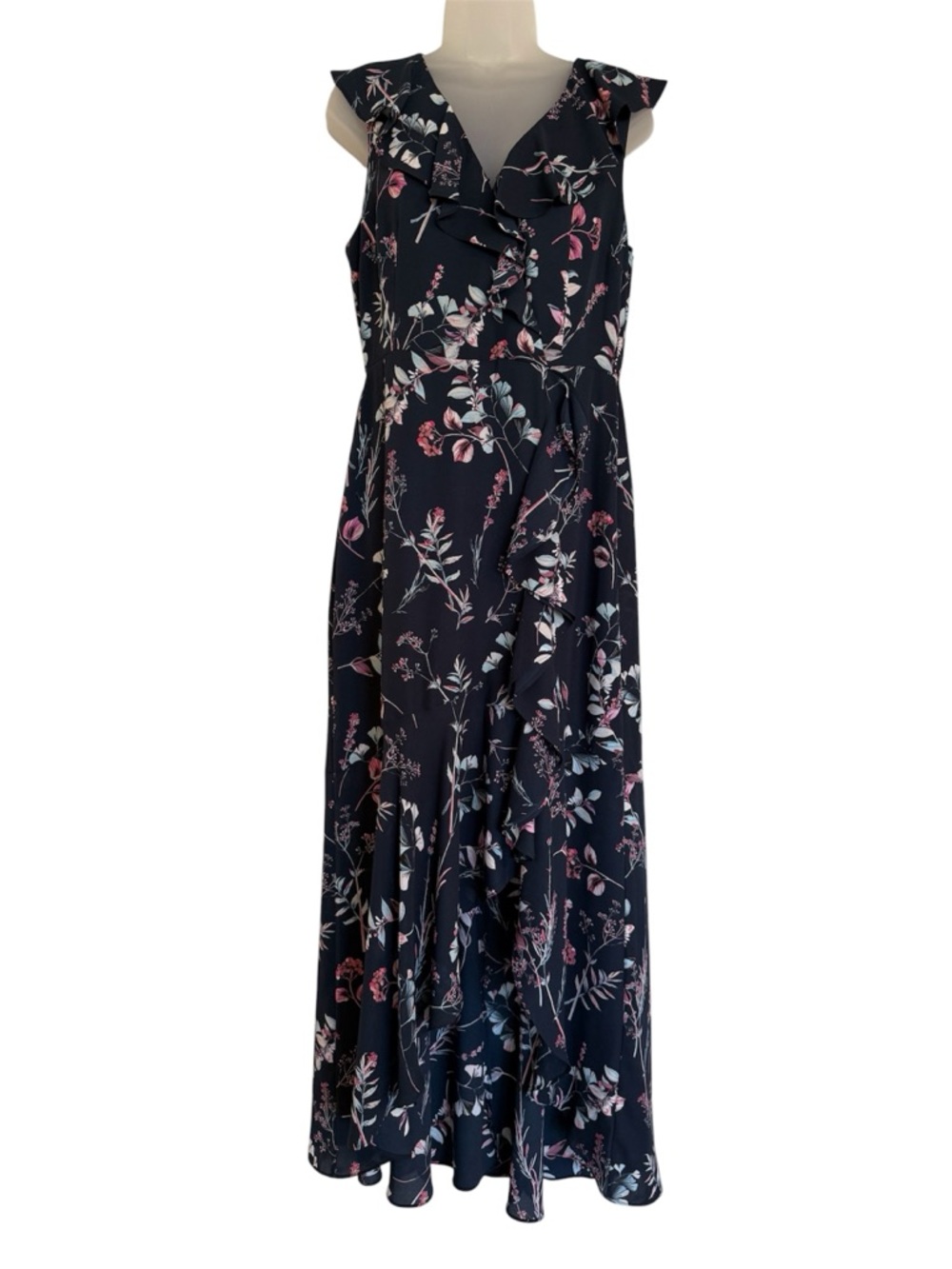 Banana Republic Navy Sleeveless Floral Ruffle Maxi Dress Size 8 - Picture 3 of 12